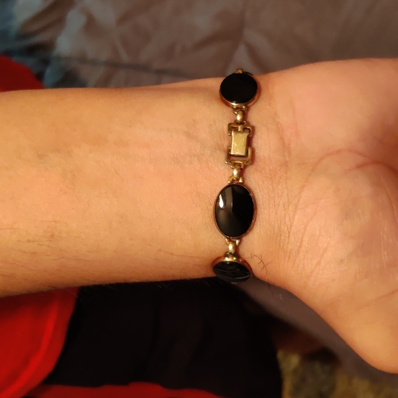 Antique oval Black Onyx Sterling+1/20 14kt Genuine gold filled bracelet 8"  50's - Picture 14 of 17